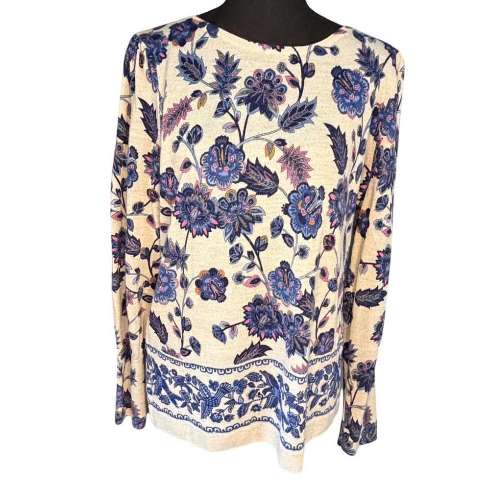 Talbots Petite Pure Merino Wool Floral Sweater Blue Pink Cream LP Large Petite
